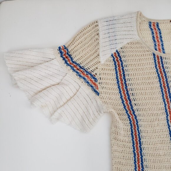 Free People Urban Outfitters Short Sleeve Knit Top LARGE Stripes Ruffled Sleeve - Picture 4 of 8